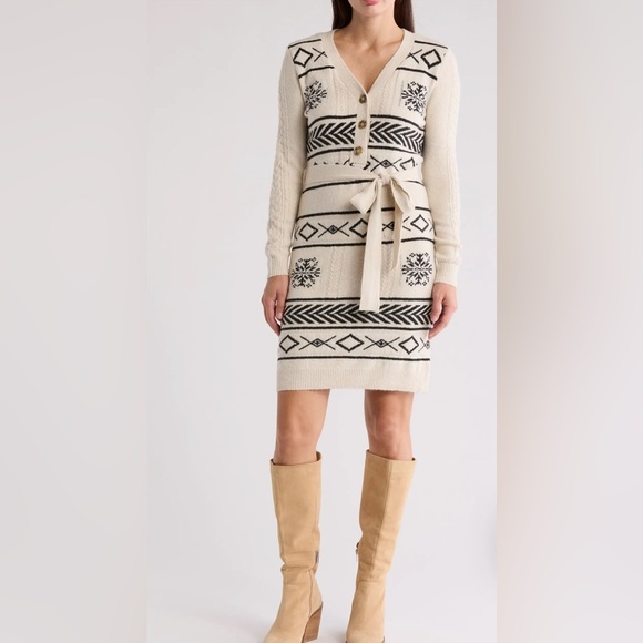 LUCKY BRAND Snowflake Geometric Cardigan Sweater Dress SIZE MED BY THE KNEE - Picture 1 of 12